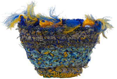 Australian Indigenous (Aboriginal and Torres Strait Islander) artwork by NANCY LOUISA KIWAT of Erub Erwer Meta. The title is Ghost Net Bowl. [14-23] (Ghost Nets)
