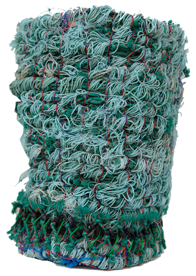 Australian Indigenous (Aboriginal and Torres Strait Islander) artwork by RACY OUI-PITT of Erub Erwer Meta. The title is Ghost Net Cylinders. [14-58] (Ghost Nets)