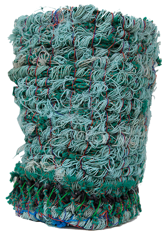 Australian Indigenous (Aboriginal and Torres Strait Islander) artwork by RACY OUI-PITT of Erub Erwer Meta. The title is Ghost Net Cylinders. [14-58] (Ghost Nets)