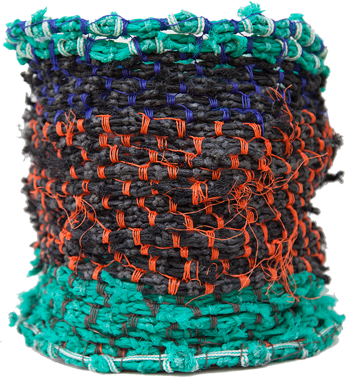 Australian Indigenous (Aboriginal and Torres Strait Islander) artwork by RACY OUI-PITT of Erub Erwer Meta. The title is Ghost Net Cylinders. [14-18] (Ghost Nets)