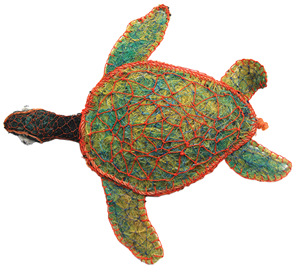 Australian Indigenous (Aboriginal and Torres Strait Islander) artwork by RACY OUI-PITT of Erub Erwer Meta. The title is Ghost Net Turtle. [16-95] (Ghost Nets, Rope & Twine)