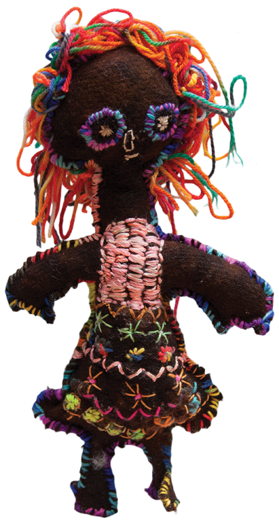 Australian Indigenous (Aboriginal and Torres Strait Islander) artwork by TRUDY INKAMALA of Yarrenyty Arltere Artists (YALC). The title is Girl with Rainbow Hair. [264-15] (Soft Sculpture)