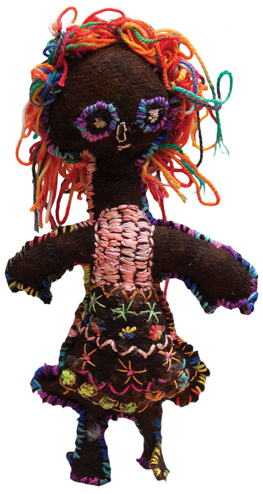 Australian Indigenous (Aboriginal and Torres Strait Islander) artwork by TRUDY INKAMALA of Yarrenyty Arltere Artists (YALC). The title is Girl with Rainbow Hair. [264-15] (Soft Sculpture)