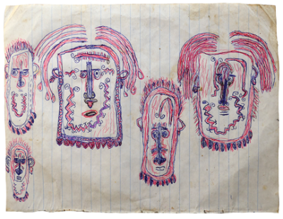 Australian Indigenous (Aboriginal and Torres Strait Islander) artwork by FATE SAVARI (ISAWDI) of Omie Artists. The title is Girls with jo’o sor’e (facial tattoos) and wéhivive’e (barkcloth hair-twists). [12-214] (Ink on Schoolbook Paper)