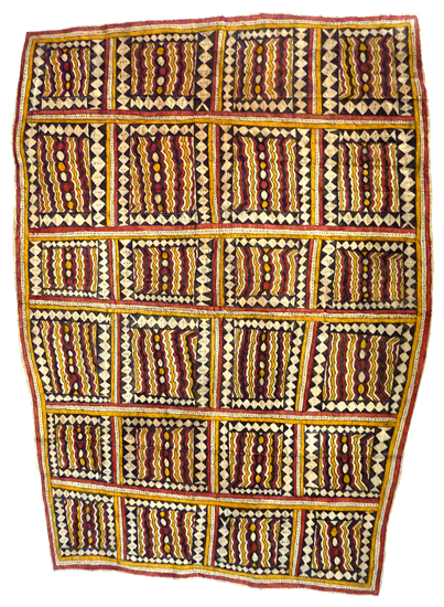 Australian Indigenous (Aboriginal and Torres Strait Islander) artwork by LILA WARRIMOU (MISASO) of Omie Artists. The title is Gobibajö’e, Mahuva’oje Ohu’o Sabu Deje – Poison Bubbles that Stun the Fish in the River, Pig’s Hoofprints and Spots of the Wood-Boring Grub. [OM12-007] (Natural Pigments on Nioge (Woman’s Barkcloth Skirt))