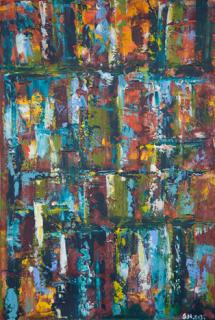 Australian Indigenous (Aboriginal and Torres Strait Islander) artwork by IRENE NAMOK of Lockhart River Artists. The title is Going Out for the Day in the Rainforest. [in20130817] (Acrylic on Canvas)