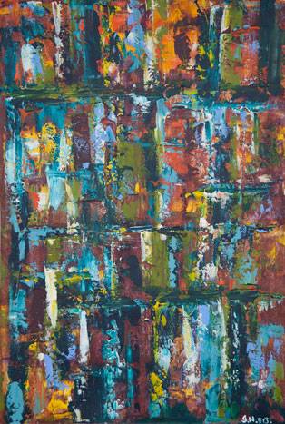 Australian Indigenous (Aboriginal and Torres Strait Islander) artwork by IRENE NAMOK of Lockhart River Artists. The title is Going Out for the Day in the Rainforest. [in20130817] (Acrylic on Canvas)