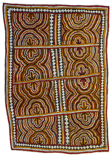 Australian Indigenous (Aboriginal and Torres Strait Islander) artwork by LILA WARRIMOU (MISASO) of Omie Artists. The title is Gojavö hanö’e, mahuva’oje ohu’o sabu deje – Feathers of the black and red parrot, pig hoof-prints and spots of the wood-boring grub. [15-075] (Natural Pigments on Nioge (Barkcloth))