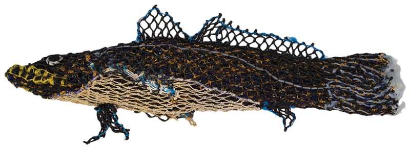 Australian Indigenous (Aboriginal and Torres Strait Islander) artwork by FLORENCE GUTCHEN of Erub Erwer Meta. The title is Gole. [15-125] (Ghost Nets & Twine over Mesh Frame)