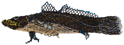 Australian Indigenous (Aboriginal and Torres Strait Islander) artwork by FLORENCE GUTCHEN of Erub Erwer Meta. The title is Gole. [15-125] (Ghost Nets & Twine over Mesh Frame)