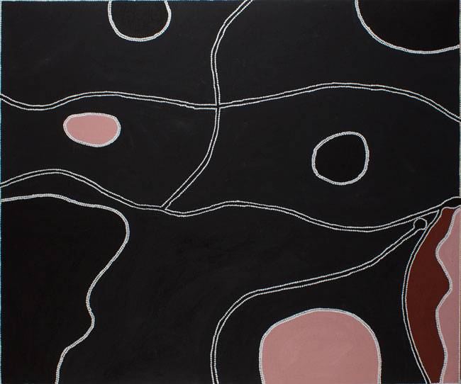 Australian Indigenous (Aboriginal and Torres Strait Islander) artwork by FREDDIE TIMMS of Warmun Artists. The title is Goose Yard. [JA339/08] (Natural Ochre and Pigments on Linen)