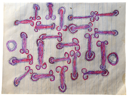 Australian Indigenous (Aboriginal and Torres Strait Islander) artwork by FATE SAVARI (ISAWDI) of Omie Artists. The title is Gori han’e ohu’o ije biwej’e - Clan emblem of the fern, new shoots of the fern and boys chopping tree branches. [12-213] (Ink on Schoolbook Paper)