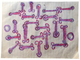 Australian Indigenous (Aboriginal and Torres Strait Islander) artwork by FATE SAVARI (ISAWDI) of Omie Artists. The title is Gori han’e ohu’o ije biwej’e - Clan emblem of the fern, new shoots of the fern and boys chopping tree branches. [12-213] (Ink on Schoolbook Paper)