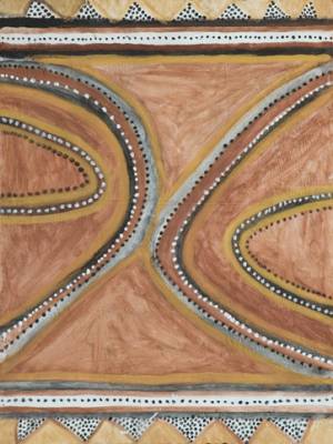 Australian Indigenous (Aboriginal and Torres Strait Islander) artwork by MICK JAWALJI of Warmun Artists. The title is Guljarrina. [WAC507/08] (Natural Ochre and Pigments on Plywood)