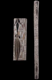 Australian Indigenous (Aboriginal and Torres Strait Islander) artwork by WOLPA WANAMBI of Buku-Larrnggay Mulka (Yirrkala). The title is Gurka’wuy. [3561F] (Earth Pigments on Termite Hollowed)