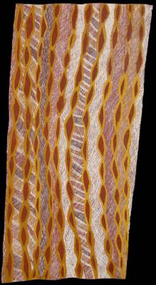 Australian Indigenous (Aboriginal and Torres Strait Islander) artwork by BARRUPU YUNUPINGU of Buku-Larrnggay Mulka (Yirrkala). The title is Gurtha. [3548S] (Earth Pigments on Bark)