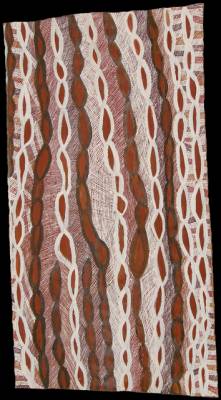 Australian Indigenous (Aboriginal and Torres Strait Islander) artwork by BARRUPU YUNUPINGU of Buku-Larrnggay Mulka (Yirrkala). The title is Gurtha. [3529R] (Earth Pigments on Bark)