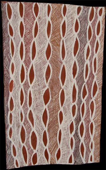 Australian Indigenous (Aboriginal and Torres Strait Islander) artwork by BARRUPU YUNUPINGU of Buku-Larrnggay Mulka (Yirrkala). The title is Gurtha. [3525Q] (Bark Painting)