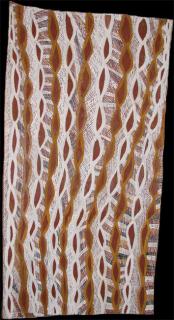 Australian Indigenous (Aboriginal and Torres Strait Islander) artwork by BARRUPU YUNUPINGU of Buku-Larrnggay Mulka (Yirrkala). The title is Gurtha. [3533I] (Bark Painting)