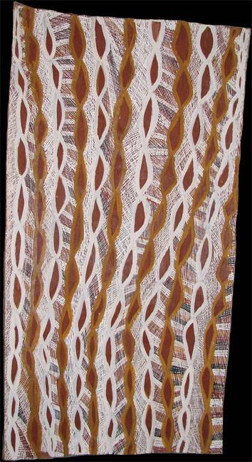 Australian Indigenous (Aboriginal and Torres Strait Islander) artwork by BARRUPU YUNUPINGU of Buku-Larrnggay Mulka (Yirrkala). The title is Gurtha. [3533I] (Bark Painting)