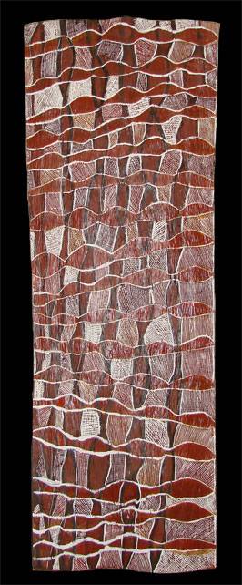 Australian Indigenous (Aboriginal and Torres Strait Islander) artwork by BARRUPU YUNUPINGU of Buku-Larrnggay Mulka (Yirrkala). The title is Gurtha. [3693T] (Bark Painting)