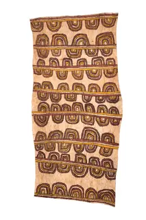 Australian Indigenous (Aboriginal and Torres Strait Islander) artwork by BRENDA KESI (ARIRÉ) of Omie Artists. The title is Harti’é - Design of the Ceremonial Shell Necklace. [OM10-072] (Natural Pigments on Nioge (Barkcloth))