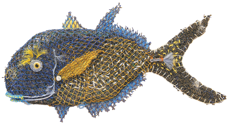 Australian Indigenous (Aboriginal and Torres Strait Islander) artwork by ELLAROSE SAVAGE of Erub Erwer Meta. The title is Henry. [15-97] (Ghost Nets & Twine over Mesh Frame)