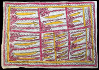 Australian Indigenous (Aboriginal and Torres Strait Islander) artwork by FATE SAVARI (ISAWDI) of Omie Artists. The title is Hin’e baje - Story of the first mustard. [14-235] (Pencil and Ink on Paper)