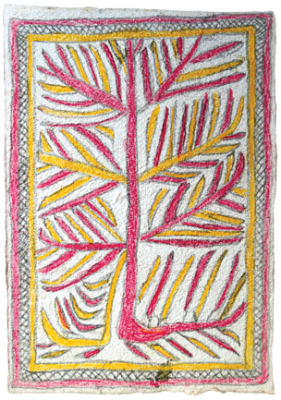 Australian Indigenous (Aboriginal and Torres Strait Islander) artwork by FATE SAVARI (ISAWDI) of Omie Artists. The title is Hin’e baje - Story of the first mustard. [14-236] (Pencil and Ink on Paper)