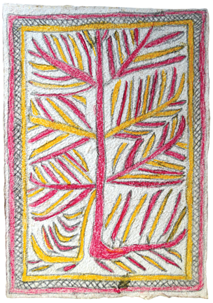 Australian Indigenous (Aboriginal and Torres Strait Islander) artwork by FATE SAVARI (ISAWDI) of Omie Artists. The title is Hin’e baje - Story of the first mustard. [14-236] (Pencil and Ink on Paper)