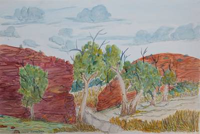 Australian Indigenous (Aboriginal and Torres Strait Islander) artwork by LENIE NAMATJIRA of Ngurratjuta Iltja Ntjarra (Many Hands). The title is Honeymoon Gap, NT. [188-15] (Watercolour on Paper)