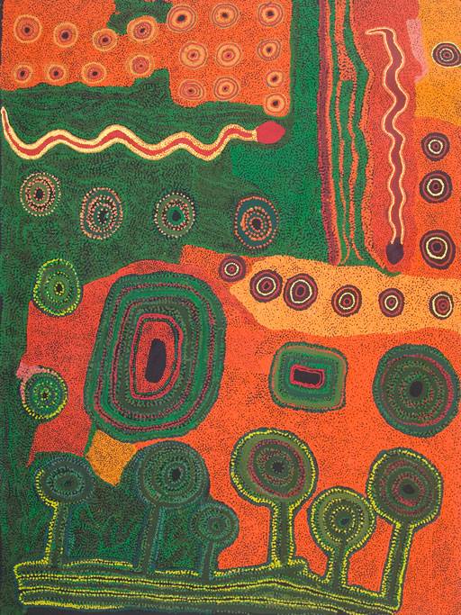 Australian Indigenous (Aboriginal and Torres Strait Islander) artwork by VARIOUS TJUNGU PALYA ARTISTS (COLLABORATIVE) of Tjungu Palya Artists. The title is Husband and Wife Story. [12550] (Acrylic on Linen)
