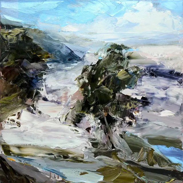 Australian Indigenous (Aboriginal and Torres Strait Islander) artwork by AARON KINNANE of Miscellaneous Artists. The title is Into the Mystic, Blue Mountains. [AK201604005] (Oil on Linen)