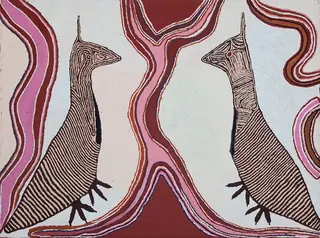 Australian Indigenous (Aboriginal and Torres Strait Islander) artwork by NYANU WATSON of Ninuku Arts. The title is Ipuru Kutjara. [12123] (Acrylic on Linen)