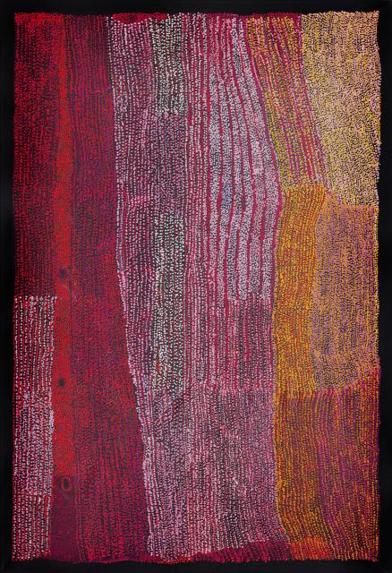 Australian Indigenous (Aboriginal and Torres Strait Islander) artwork by KUNMANARA PATJU PRESLEY of Spinifex Artists. The title is Ilpilli. [24-213] (Acrylic on Linen)