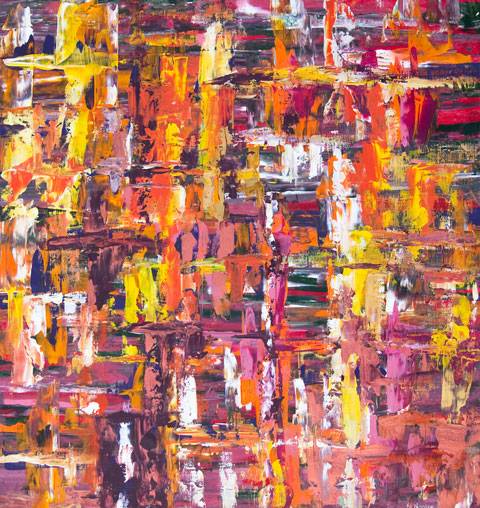 Australian Indigenous (Aboriginal and Torres Strait Islander) artwork by IRENE NAMOK of Lockhart River Artists. The title is I Love Sitting Out Yarnin on a Warm Day. [in20120402] (Acrylic on Linen)