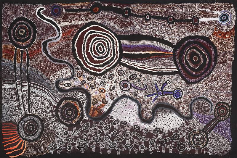 Australian Indigenous (Aboriginal and Torres Strait Islander) artwork by WATARRU (COLLABORATIVE) of Tjungu Palya Artists. The title is Ilpili. [17-004] (Synthetic Polymer on Linen)