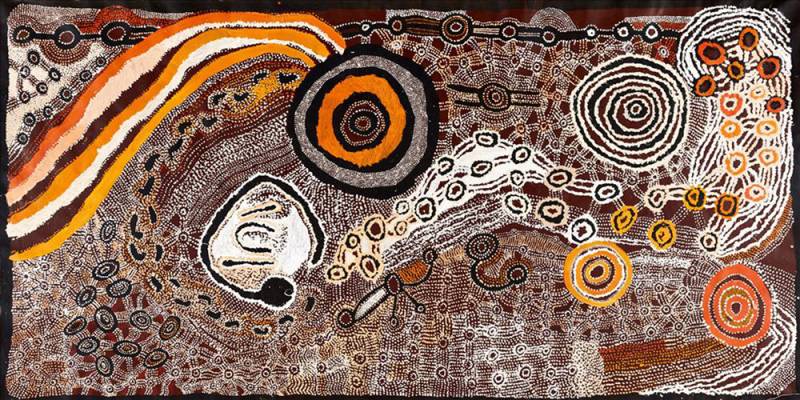 Australian Indigenous (Aboriginal and Torres Strait Islander) artwork by WATARRU (COLLABORATIVE) of Tjungu Palya Artists. The title is Ilpili. [18-126] (Synthetic Polymer on Linen)