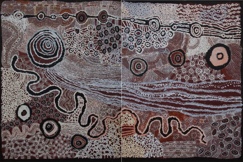 Australian Indigenous (Aboriginal and Torres Strait Islander) artwork by WATARRU (COLLABORATIVE) of Tjungu Palya Artists. The title is Ilpili. [18-068a & b] (Synthetic Polymer Paint on Linen)