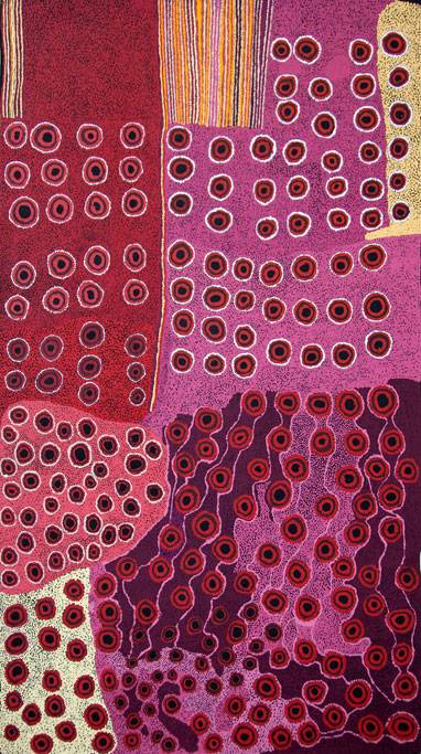 Australian Indigenous (Aboriginal and Torres Strait Islander) artwork by GINGER WIKILYIRI of Tjungu Palya Artists. The title is Ilpin. [12214] (Acrylic on Linen)