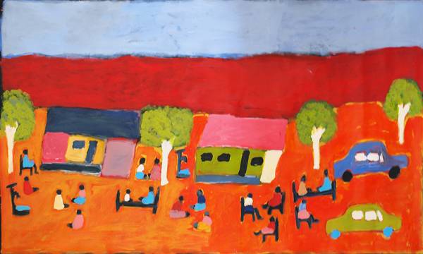 Australian Indigenous (Aboriginal and Torres Strait Islander) artwork by SALLY MAUREEN MULDA of Tangentyere Artists. The title is Inarlenge (Little Sisters Town Camp). [TAMM09C3697] (Acrylic on Canvas)