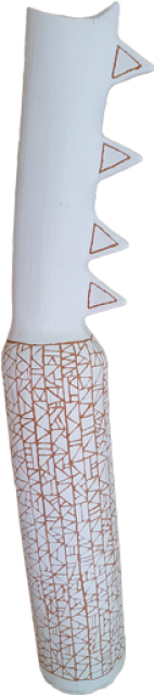 Australian Indigenous (Aboriginal and Torres Strait Islander) artwork by NAOMI HOBSON of Miscellaneous Artists. The title is Iwayi (2019). [NH201910001C] (Hand Built Terracotta with White Slip Underglaze.  Freehand Sgraffito.)