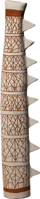 Australian Indigenous (Aboriginal and Torres Strait Islander) artwork by NAOMI HOBSON of Miscellaneous Artists. The title is Iwayi (2019). [NH201910002C] (Hand Built Terracotta with White Slip Underglaze.  Freehand Sgraffito.)
