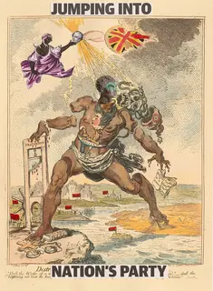 Australian Indigenous (Aboriginal and Torres Strait Islander) artwork by BROOK ANDREW of . The title is JUMPING INTO NATIONS PARTY (8/30). [N/A] (Four-Colour Photolithograph, with Collaged Photolithograph Elements and Hand Colour - Edition of 30)