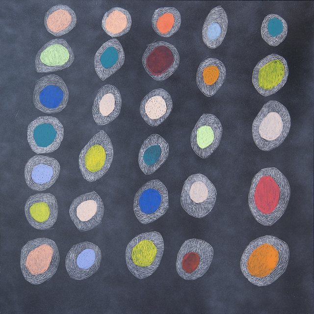 Australian Indigenous (Aboriginal and Torres Strait Islander) artwork by NGARRALJA TOMMY MAY of Mangkaja Artists. The title is Jila Jumu Waterholes. [135/17] (Acrylic Paint and Drawing into Enamel on Metal)