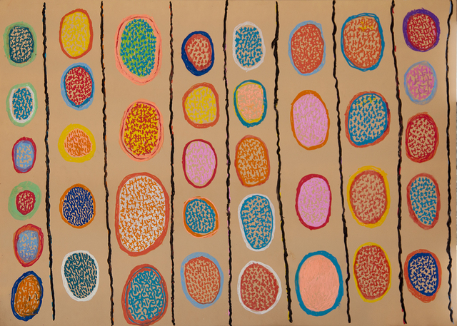 Australian Indigenous (Aboriginal and Torres Strait Islander) artwork by NGARRALJA TOMMY MAY of Mangkaja Artists. The title is Jila Jumu Waterholes. [183/17] (Acrylic Paint and Enamel Paint on Plywood)