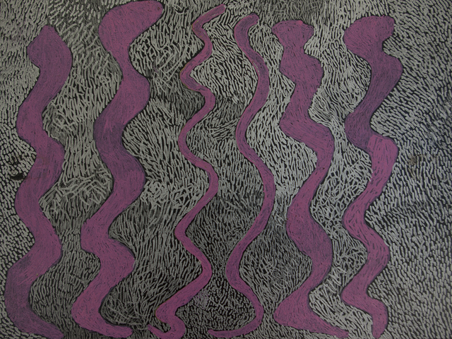 Australian Indigenous (Aboriginal and Torres Strait Islander) artwork by NGARRALJA TOMMY MAY of Mangkaja Artists. The title is Jilji and Bila. [192/15] (Atelier Acrylic Paint Pen on Masonite)