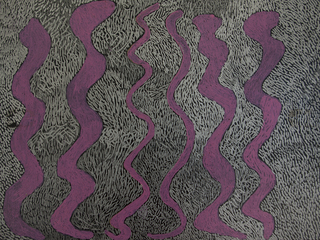 Australian Indigenous (Aboriginal and Torres Strait Islander) artwork by NGARRALJA TOMMY MAY of Mangkaja Artists. The title is Jilji and Bila. [192/15] (Atelier Acrylic Paint Pen on Masonite)