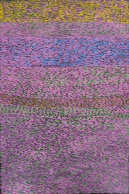 Australian Indigenous (Aboriginal and Torres Strait Islander) artwork by NGARRALJA TOMMY MAY of Mangkaja Artists. The title is Jilji and Bila. [178/15] (Atelier Acrylic Paint on Plywood)