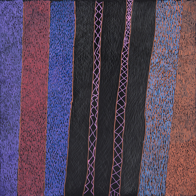 Australian Indigenous (Aboriginal and Torres Strait Islander) artwork by NGARRALJA TOMMY MAY of Mangkaja Artists. The title is Jilji and Bila. [359/17] (Acrylic Paint and Drawing into Enamel on Metal)